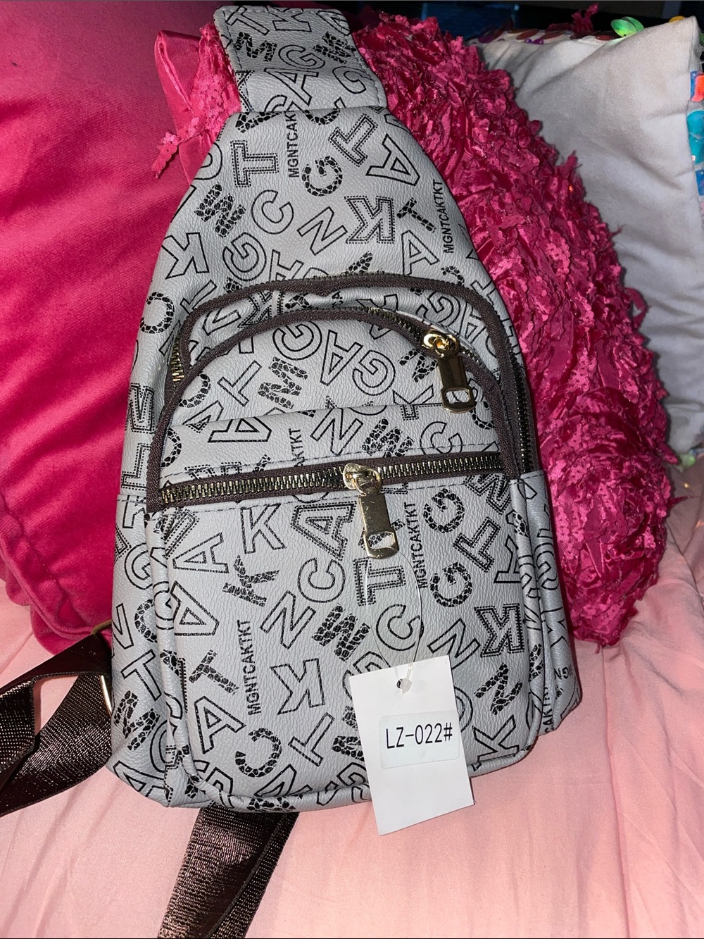 Monogram Crossbody Sling Bag in Light Gray with Black Print